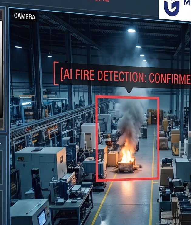 Warehouse camera view with a fire identified by Vision AI