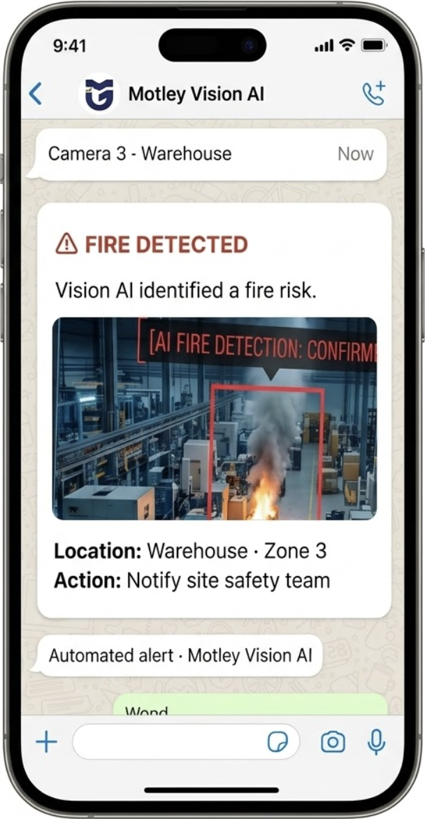 Motley Vision AI WhatsApp fire alert showing Camera 3, Warehouse Zone 3, and the detected hazard